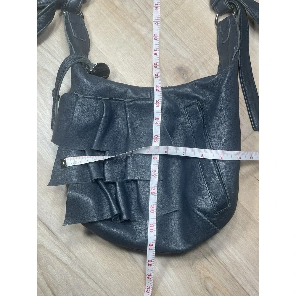 Jola V Designs‎ Black Leather Ruffle Crossbody Bag Boho Slouchy Shoulder Purse